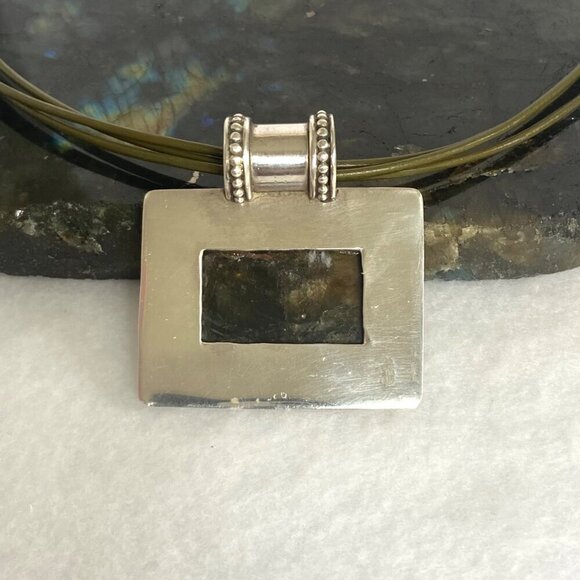 Sterling Silver 925 Chunky Rectangular Labradorite Slide Pendant Necklace 18" - Picture 7 of 16
